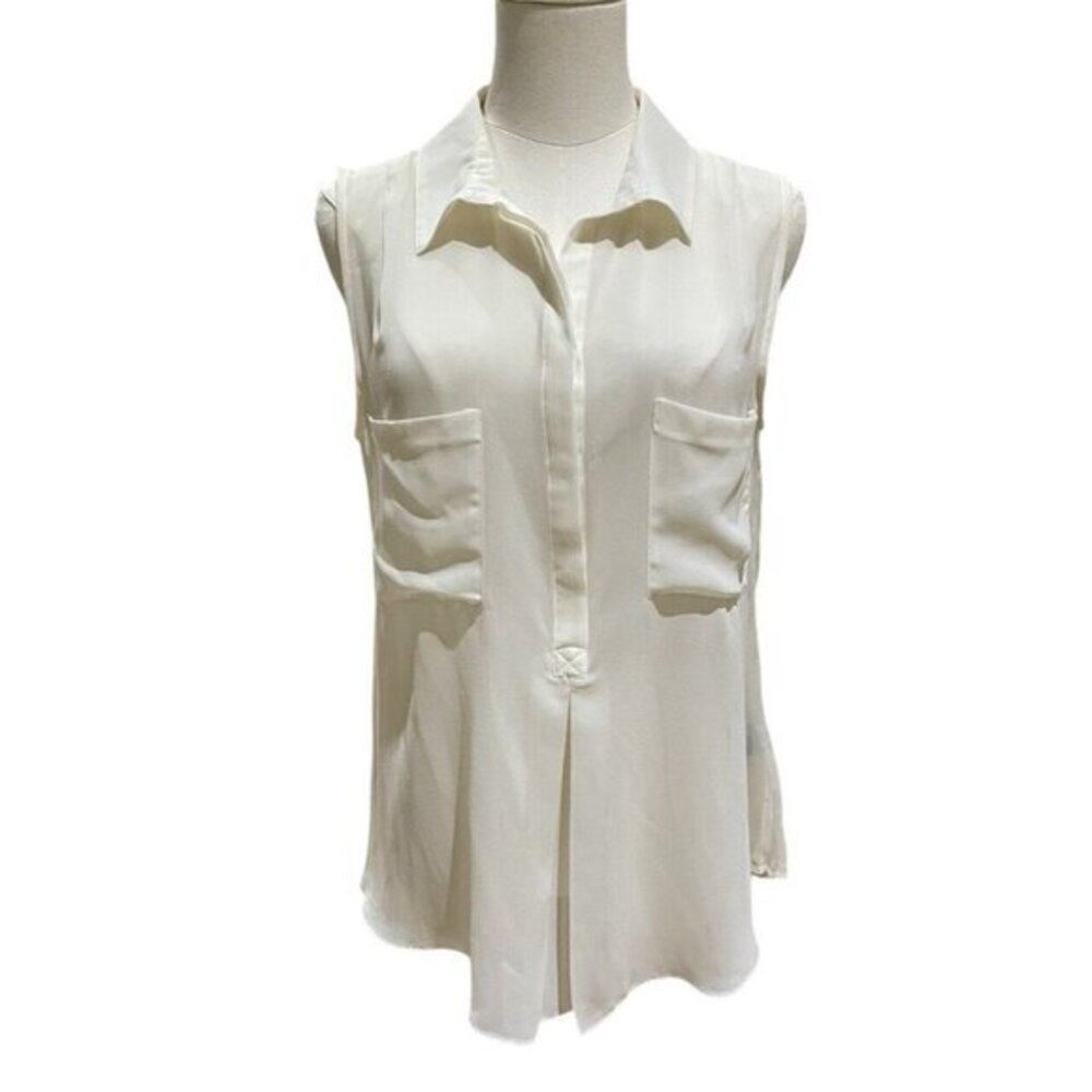 BCBG MAX AZRIA Pleated Back Tunic Top Buttoned Tank Top Ivory Blouse Sz M